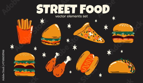 American fast food vector set for menu design with groovy cartoon retro colorful 90s illustration of street meals, tasty burger, crispy french fries, pizza, hot dog, delicious sandwich, chicken legs