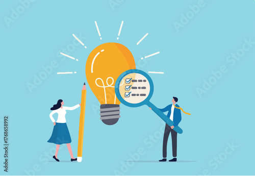 Business viability checking, validate idea by market research to see possibility to success in real world, evaluate profitable of business idea, businessman with magnifier analyze lightbulb idea.