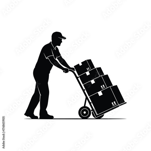 Delivery worker pushing hand truck loaded with stacked cardboard boxes outdoors silhouette