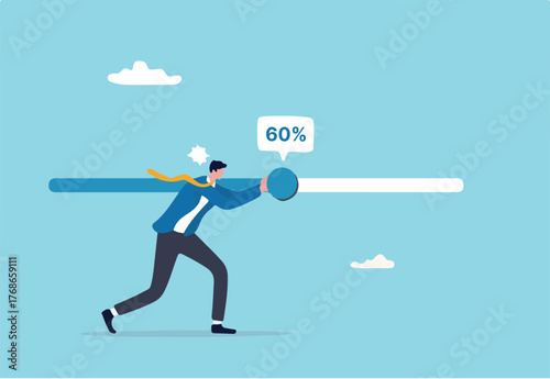 Working project progress, effort to finish work or achieve business success, accomplishment, ambition or career challenge, businessman try hard to push working progress bar to finish in deadline.