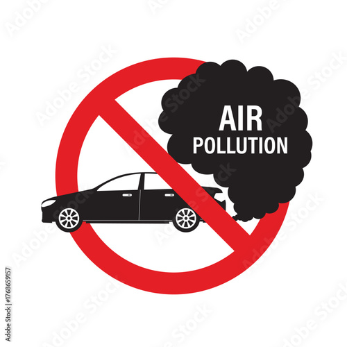 No allowed emission air pollution sign. Prohibited car exhaust CO2, Ban black silhouette icon. Vehicle and smoke in red stop circle. Forbidden car fuel engine pictogram