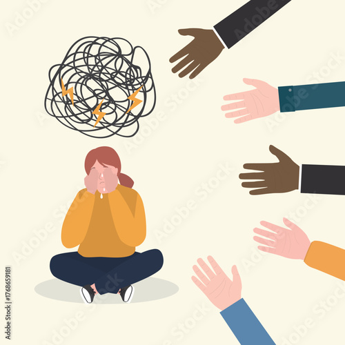 Young woman getting help and treatment from stress. Girl feeling anxious and lonely. Multi ethnic helping hands, empathy. Psychotherapy, psychological support concept.