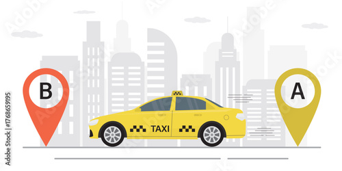 Taxi goes to the destination. Giant pins on road, location, navigation. Transport service. Yellow cab on city view, passenger vehicle, travel automobile.