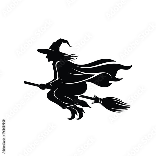 Silhouette of a witch flying on a broomstick with flowing cloak and pointed hat silhouette