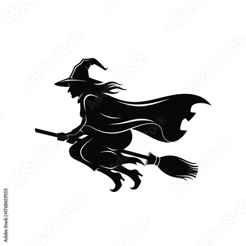 Mysterious witch silhouette flying broomstick halloween graphic element for festive occasions silhouette