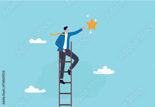 Success ladder to reach goal, achievement or opportunity, climb up ladder to get new hope, accomplishment or career development concept, businessman climb up ladder of success to reach star target.