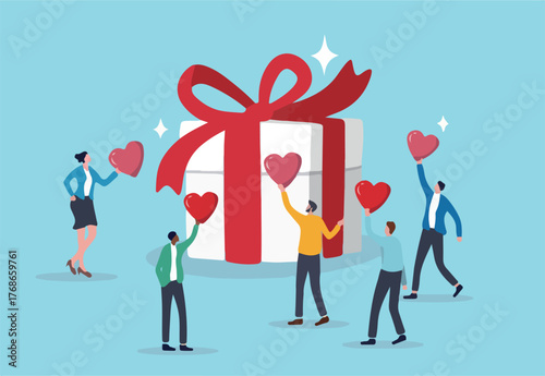Loyalty program, gift card reward or spending bonus, shopping or sale to earn promotion prize, discount or redeem reward concept, people customer hold heart shape to redeem loyalty reward.