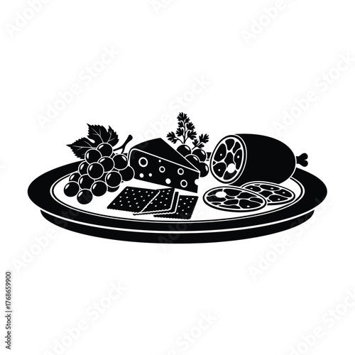 Delicious cheese and salami platter with grapes appetizer celebration silhouette