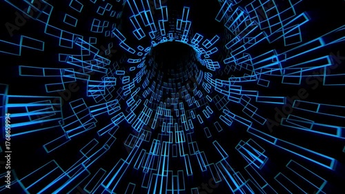 Looped animation of blue glowing tunnel made of geometric rectangular patterns on a black background. Moving through digital cyberspace corridor with bright luminous shapes. Seamless VJ Loop 4K 60fps