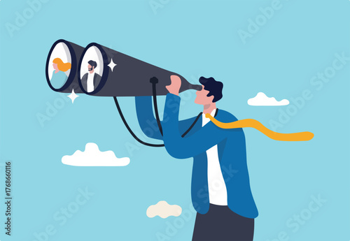 Searching for candidate, HR Human Resources find people to fill in job vacancy, finding customer or career opportunity concept, businessman HR look through binoculars to find candidate people