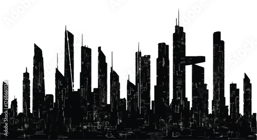 Dramatic black silhouette of a modern city skyline against a bright white background.