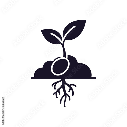 Seedling growing from soil with roots symbolic of new life and agriculture growth silhouette