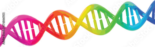 Colorful abstract DNA double helix, rainbow gradient strands, scientific molecular structure, genetics biology illustration, modern digital art, artistic genome visualization design