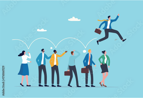 Go to Page
|1234Next
Career competition, job promotion or selfish colleagues jump over other people to get to goal, take advantage of coworker to success, selfish businessman jump over other people to