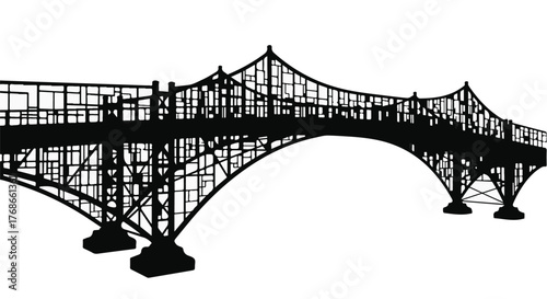 Intricate steel bridge silhouette against a bright white background, showcasing architectural detail and industrial design.