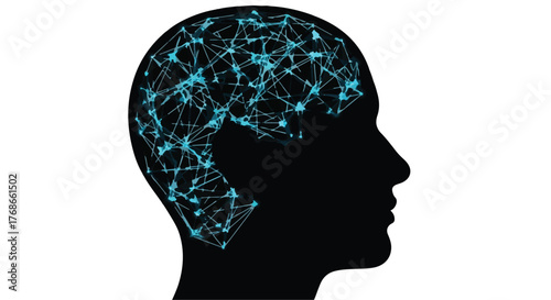 Abstract neural network illuminating a human head silhouette, symbolizing intelligence and connectivity.