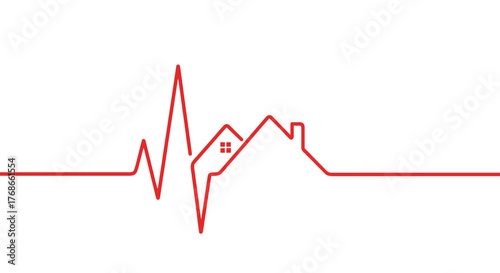 A red line graph depicting a heartbeat rhythm that forms the silhouette of a house.