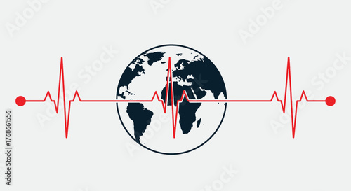 Planet Earth with a red electrocardiogram line symbolizing global health and vitality.