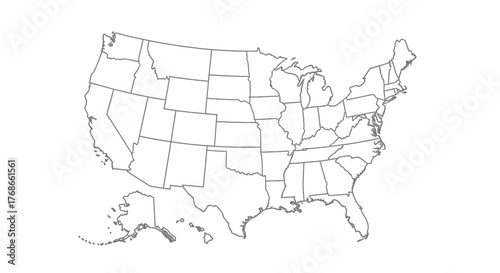 A detailed outline map of the United States of America, showing state boundaries.