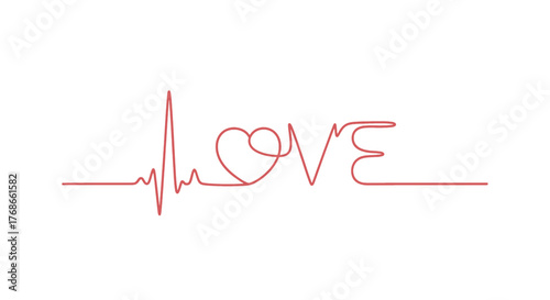 Red heartbeat EKG pulse line forming the word LOVE with a heart, ending in a flatline on a white background.