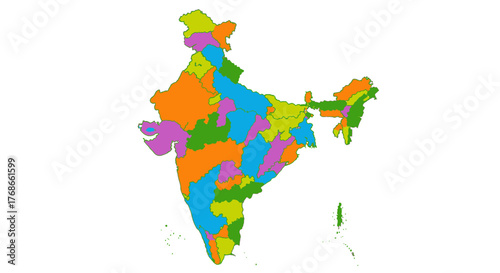 A colorful political map of India showing its various states and union territories with distinct borders and regions.