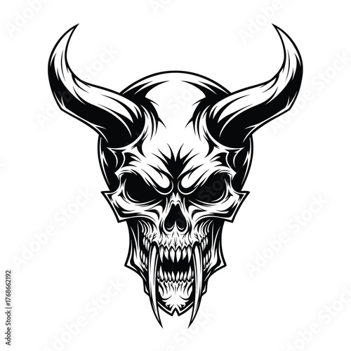 Fierce demon skull with large curved horns and bared fangs for gothic designs silhouette
