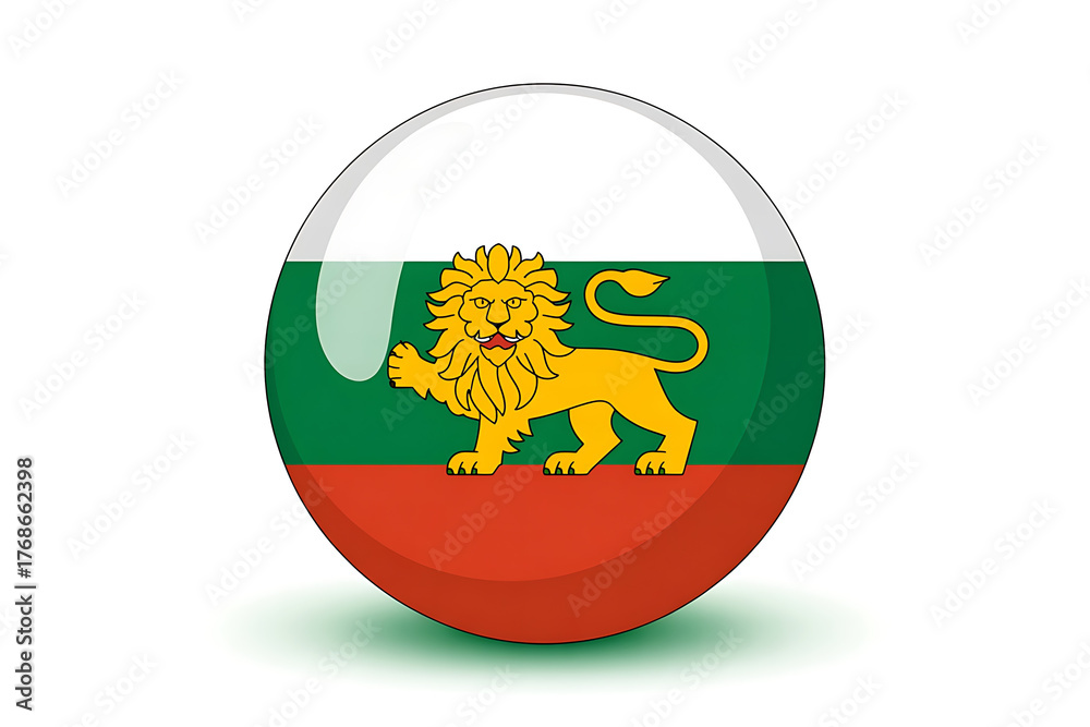 Obraz premium Spherical representation of a flag featuring green, white, and red stripes with a golden lion emblem.