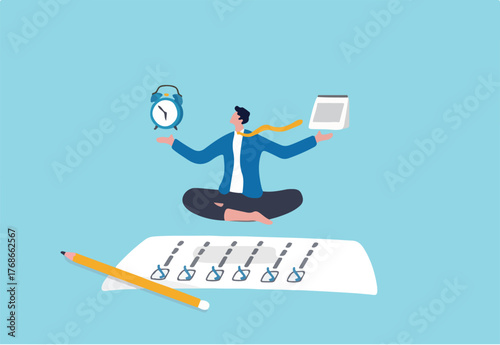 Self discipline or self control to complete work or achieve business target, time management to increase productivity concept, businessman meditate balancing clock and calendar on completed task paper