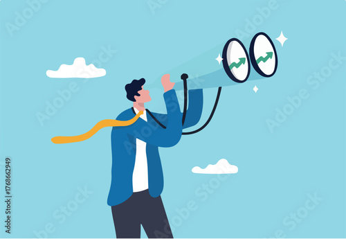 Financial forecast, vision for stock market investment return, make profit opportunity, discover economic recover, businessman financial professional look through binocular to see graph and chart.