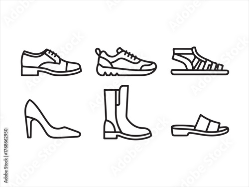 Diverse shoe collection line art for fashion design projects and retail concepts, perfect for marketing materials