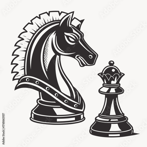 Black and White Chess Knight and Queen Pieces Isolated chess piece strategy