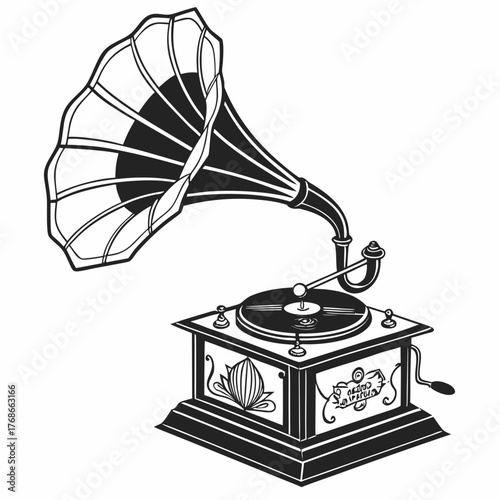 Black and white illustration of an antique gramophone with a large horn phonograph
