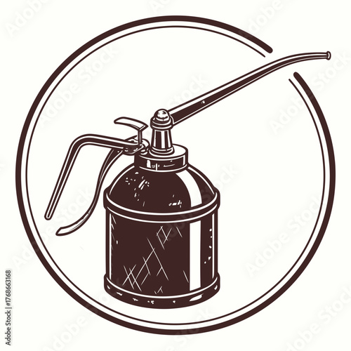 Circular Emblem Featuring a Vintage Oil Can Illustration Keywords: oil can, lubricant, vintage
