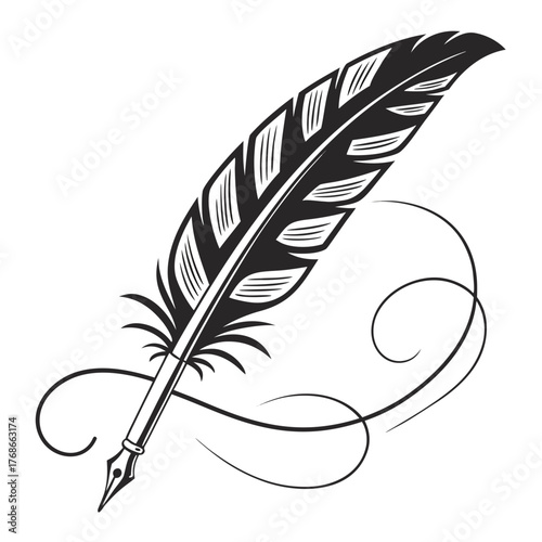 Ornate Quill Pen with Swirling Ink Trails and Feather Details Keywords: quill pen, feather, ink
