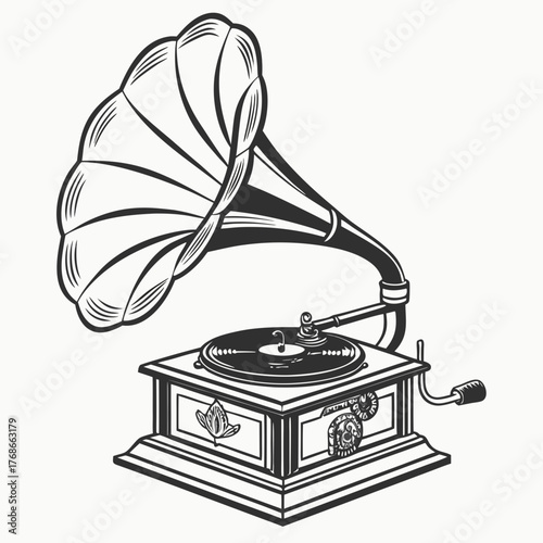 Detailed black and white drawing of a vintage gramophone with gears visible phonograph