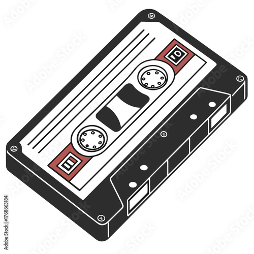 Isometric View of a Black Cassette Tape with Red Label Keywords: cassette tape, audio tape