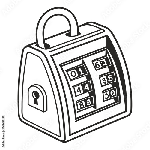 Outline drawing of a combination lock with rotating number dials padlock security