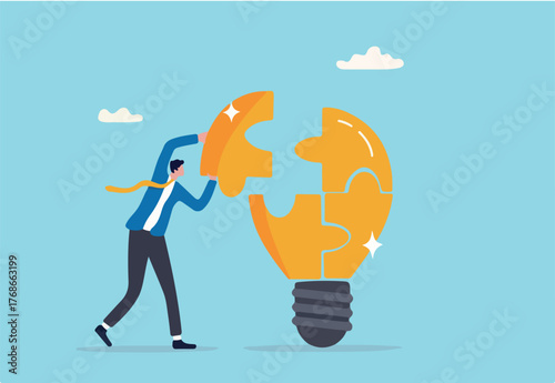 Problem solver, get solution to overcome difficulty, idea, creativity or innovation to fix problem or trouble concept, smart businessman solving lightbulb idea puzzle by connecting last jigsaw piece.