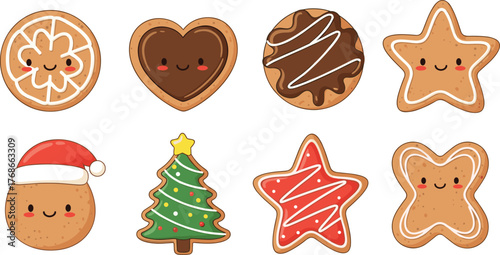 Christmas cookies collection, festive cartoon sweets with smiling faces, gingerbread, tree, star, heart, Santa hat, holiday dessert illustration