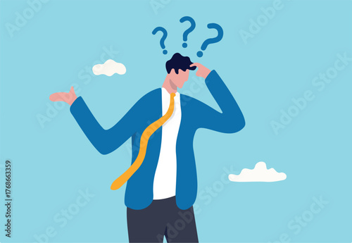 Memory loss, forget things to do or dementia cannot remember anything, confusing brain problem or cognitive illness concept, confused businessman in trouble losing memory thinking what he forget.