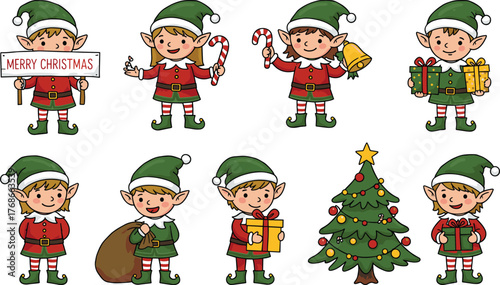 Christmas elves with gifts, candy canes, festive toys, holiday snowman, decorated Christmas tree, cheerful seasonal characters, holiday celebration, playful festive illustration
