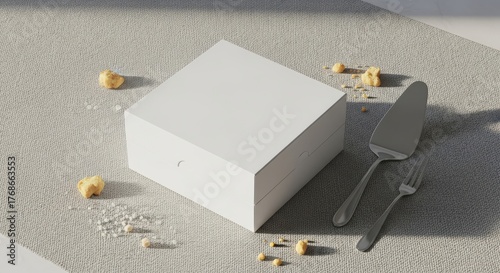 Elegant White Cake Box Mockup with Server and Fork Presentation Flat Lay