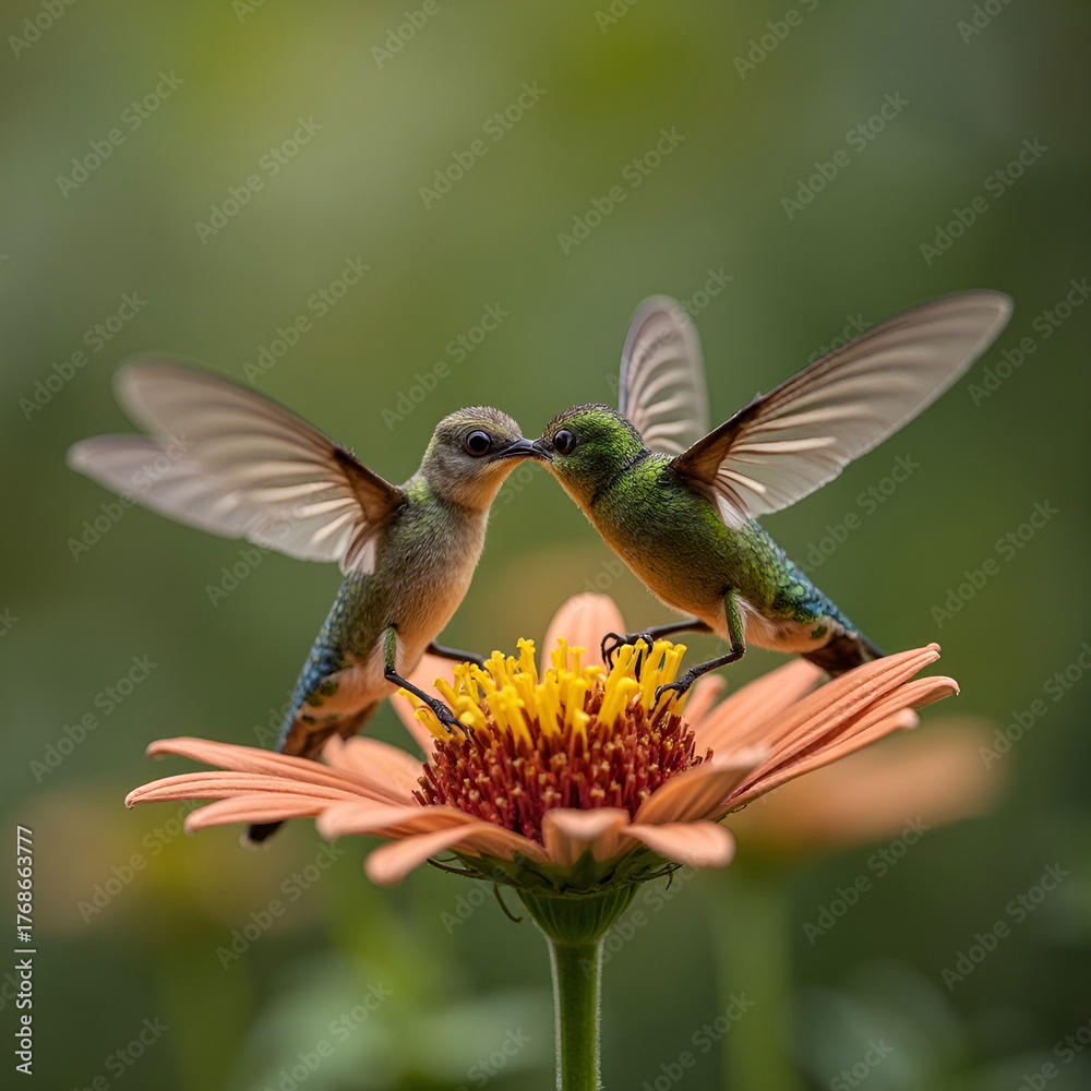 Fototapeta premium Hummingbird frozen mid flight drinking nectar from a flower