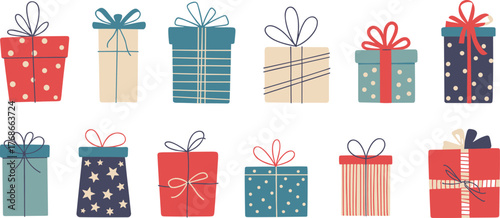 Christmas gift boxes, festive holiday presents, wrapped gifts with ribbons, colorful celebration packages, decorative boxes, party design, seasonal illustration, cheerful background
