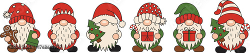 Christmas gnomes collection, festive cartoon characters with gifts, candy cane, gingerbread, Christmas tree, holiday decorations, seasonal illustration assets, winter celebration design