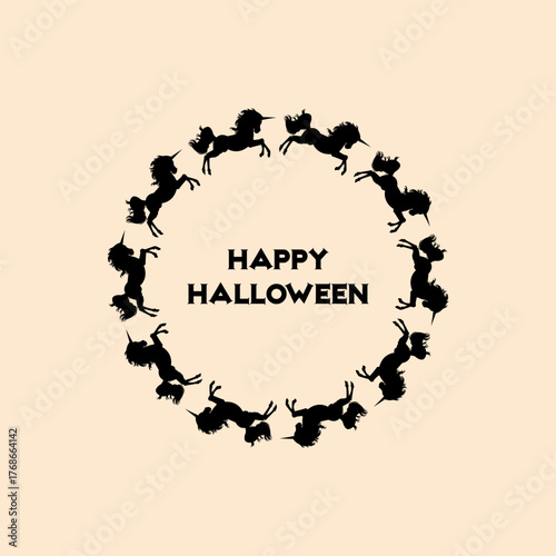 The wreath of A dance of unicorns Drawing on the theme of Halloween in doodle style. Vector illustration