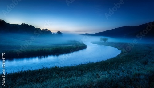Winding River Flowing Through Foggy Mysterious Landscape At Night