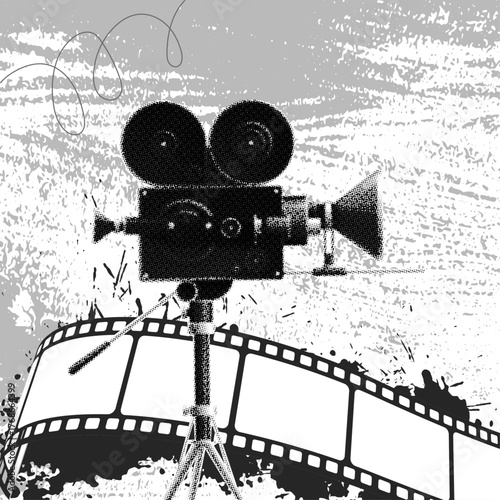 Film shooting concept with vintage movie camera isolated on monochrome background, retro grunge, dotted halftone vector collage