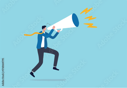 Business shout out, speaking out loud to communicate with co-worker or draw attention and announce promotion concept, confidence young businessman using megaphone speak out loud to be heard in public.