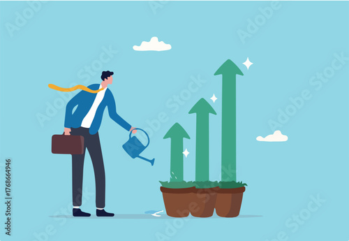Go to Page
|1234Next
Grow business, growth or increase revenue income, personal development, growth mindset or investment profit, prosperity concept, businessman watering seedling plant with growing g
